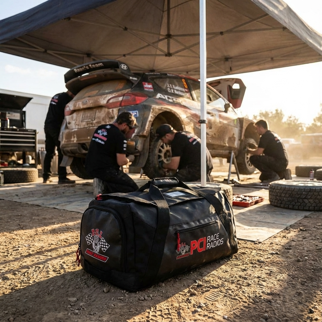 PCI black vinyl gear backpack with multiple compartments for organized storage and detachable straps.