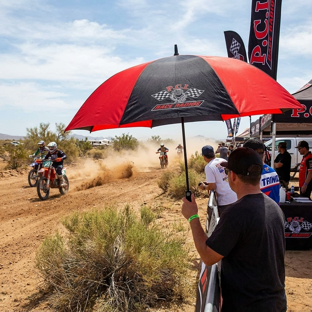PCI golf umbrella in black and red with PCI logo at outdoor motocross event