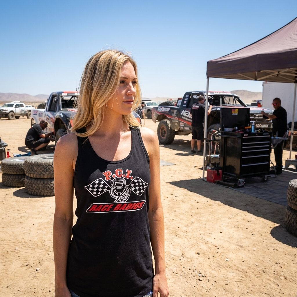 Woman wearing black PCI tank top with race radios logo at outdoor race event