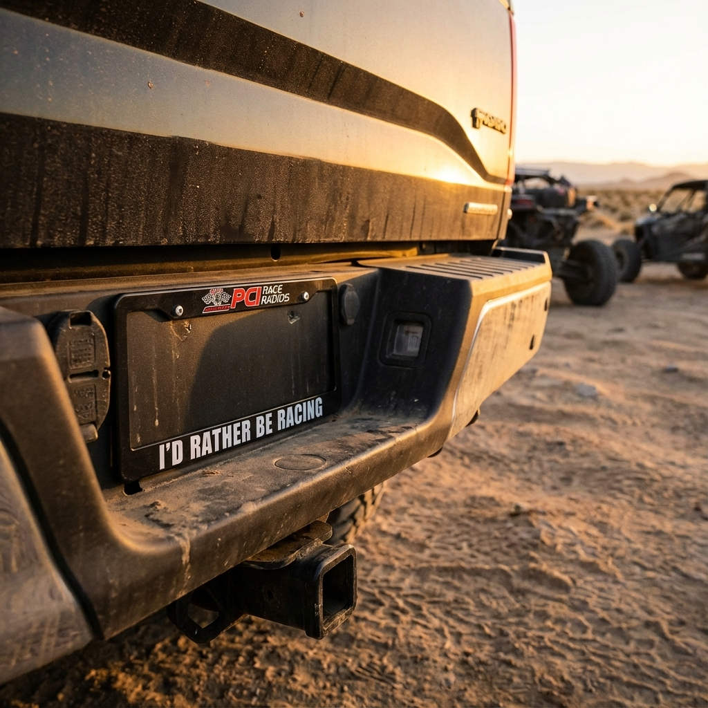 PCI license plate frame with "I'd Rather Be Racing" slogan on truck in desert setting