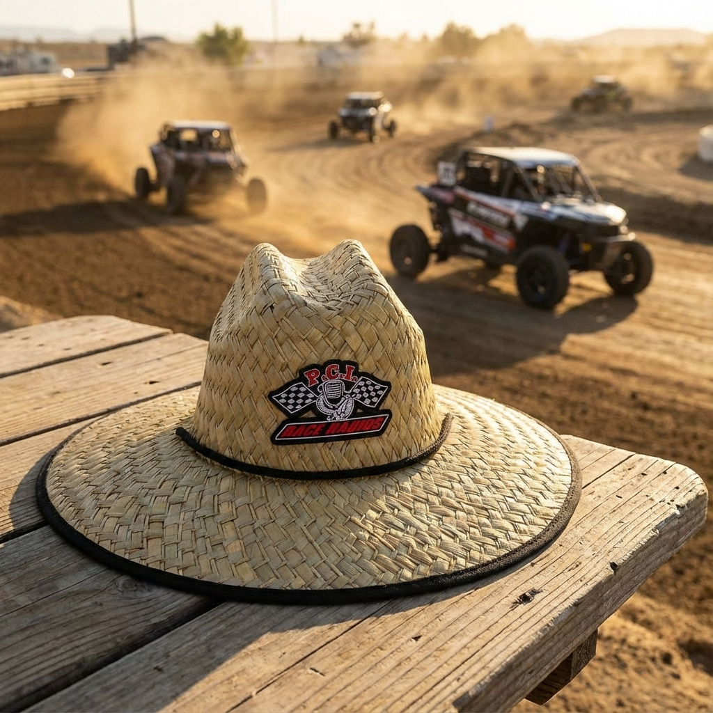PCI Patriot oversized straw hat on wooden surface with off-road vehicles racing in background