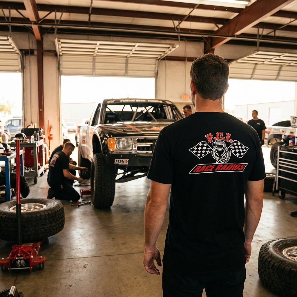 Man wearing black PCI Race Radios shirt with logo in garage near race truck