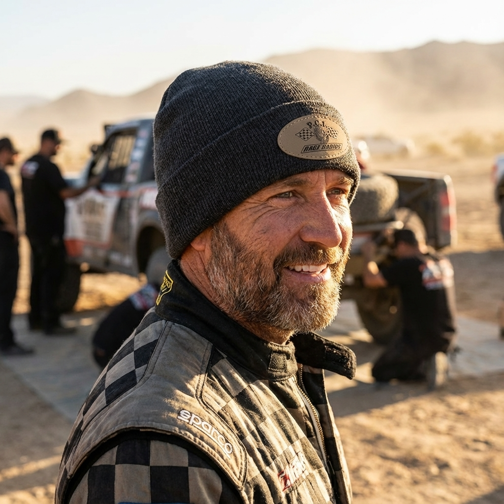 Man wearing charcoal gray PCI Racer Beanie with front PCI logo patch outdoors at a race event