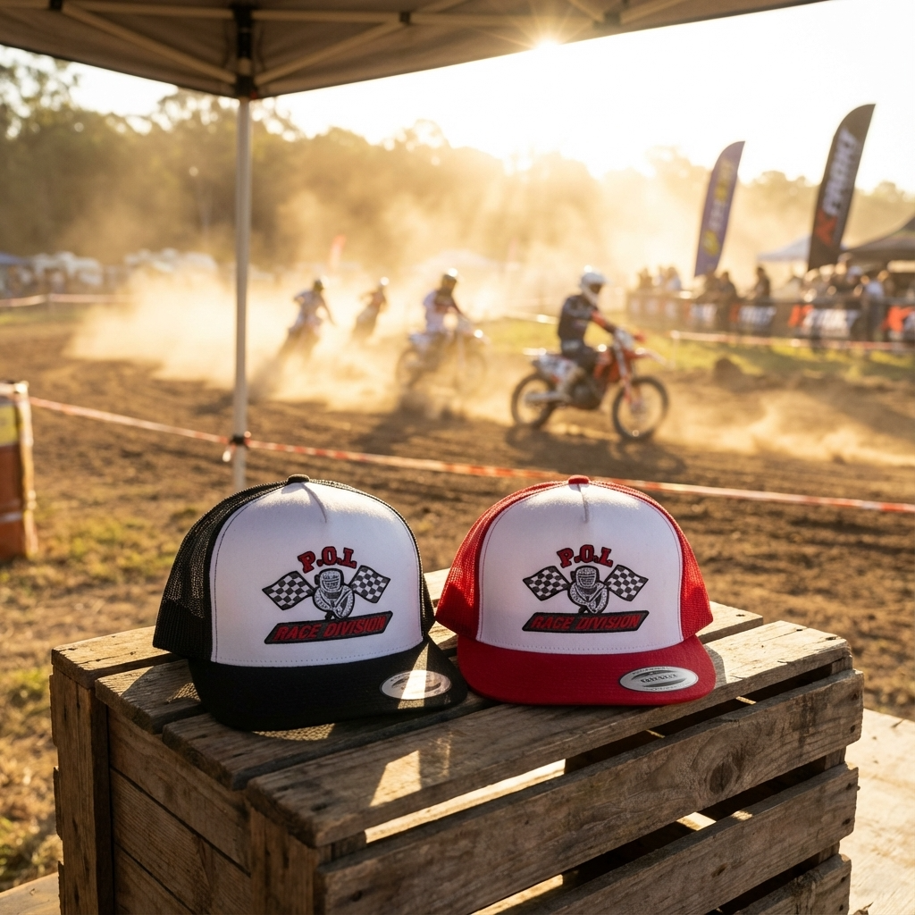 PCI trucker snapback hats in black and red displayed outdoors at a motocross event