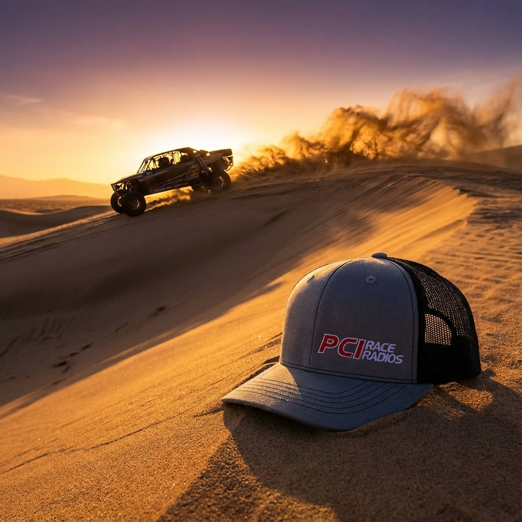 PCI Youth Trucker Hat in heather gray and black with PCI logo on sand dunes at sunset