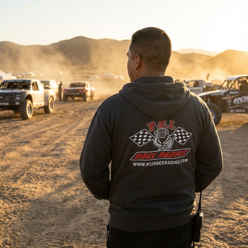 Man wearing PCI water-resistant zip-up hoodie at off-road race event desert background