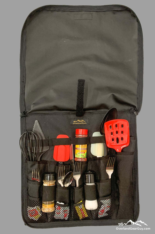 Pacifica Overland Utensil Organizer with cooking utensils and spices in compact roll-up design