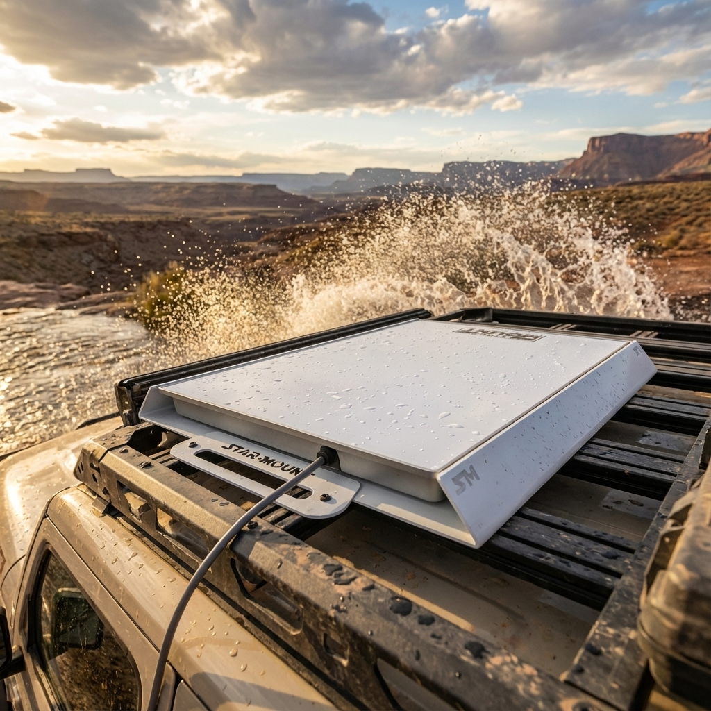 STAR-MOUNT Performance Gen 3 Hybrid Attachment on vehicle roof rack in outdoor desert setting