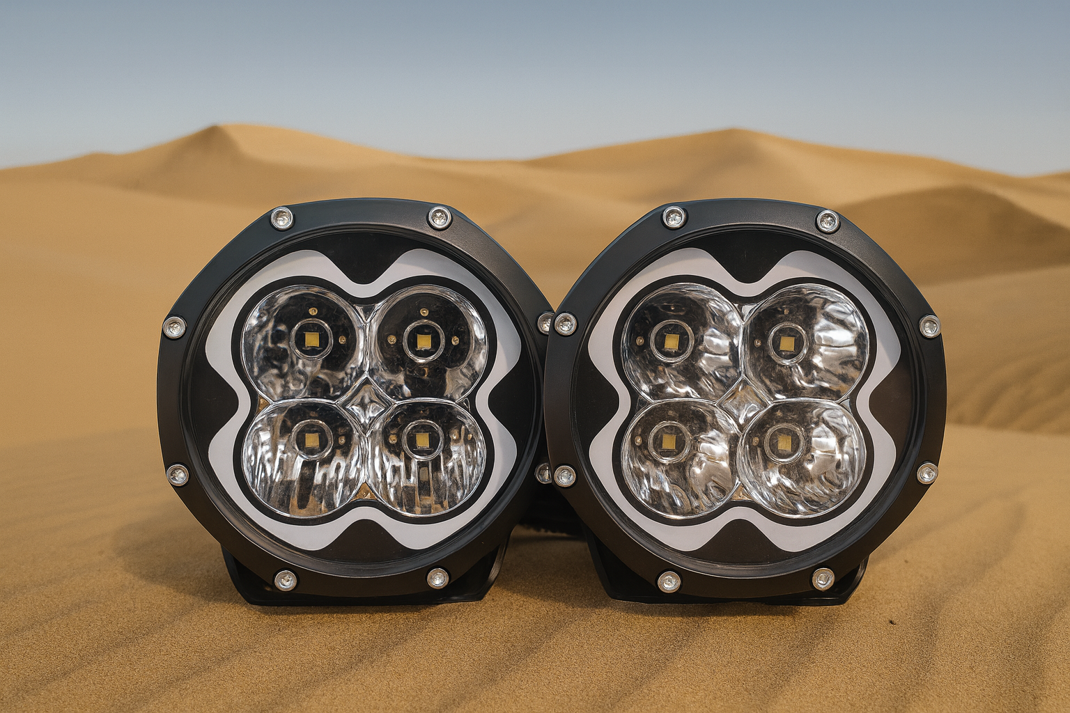 Marshin Whips Pod Lights 6-inch round dual LED off-road pod lights on desert sand dunes