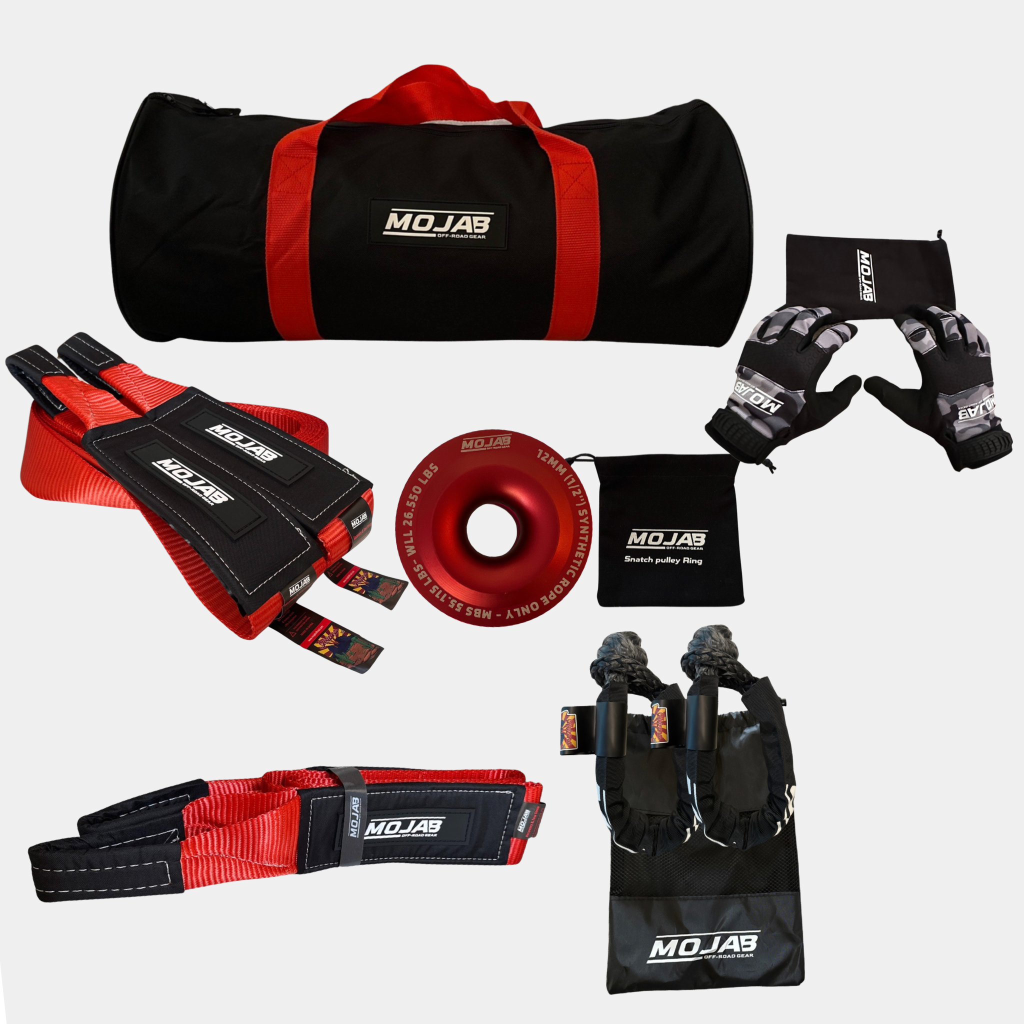 Premium recovery kit with 7 off-road tools, storage bags, and gloves in black and red colors