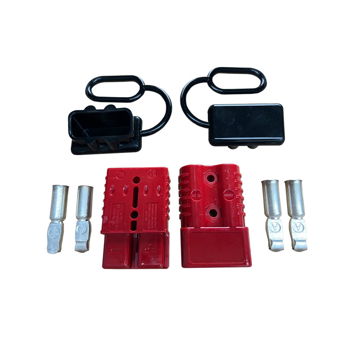 400 amp red snap connectors with protective black covers and metal terminals