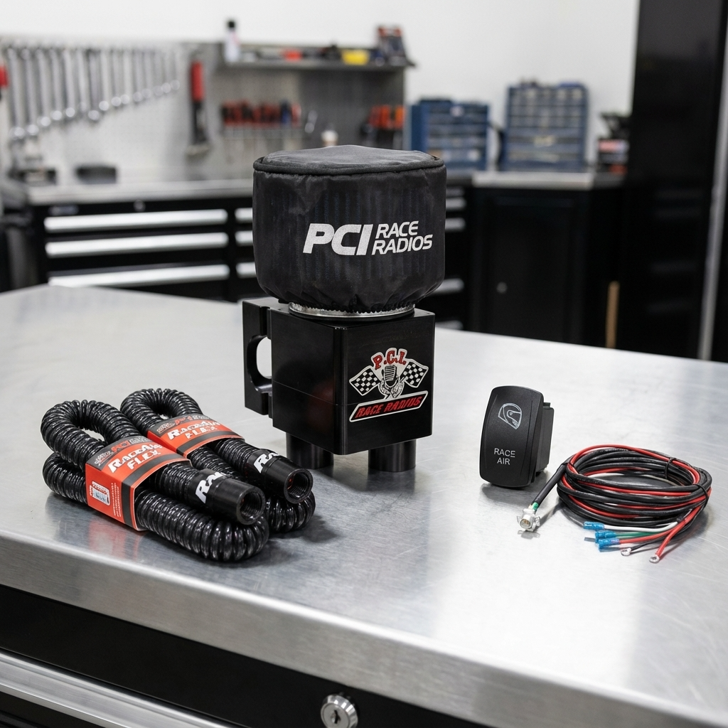 RaceAir Boost Package with billet housing, wiring harness, rocker switch, and flexible hoses for helmet ventilation and dust protection.