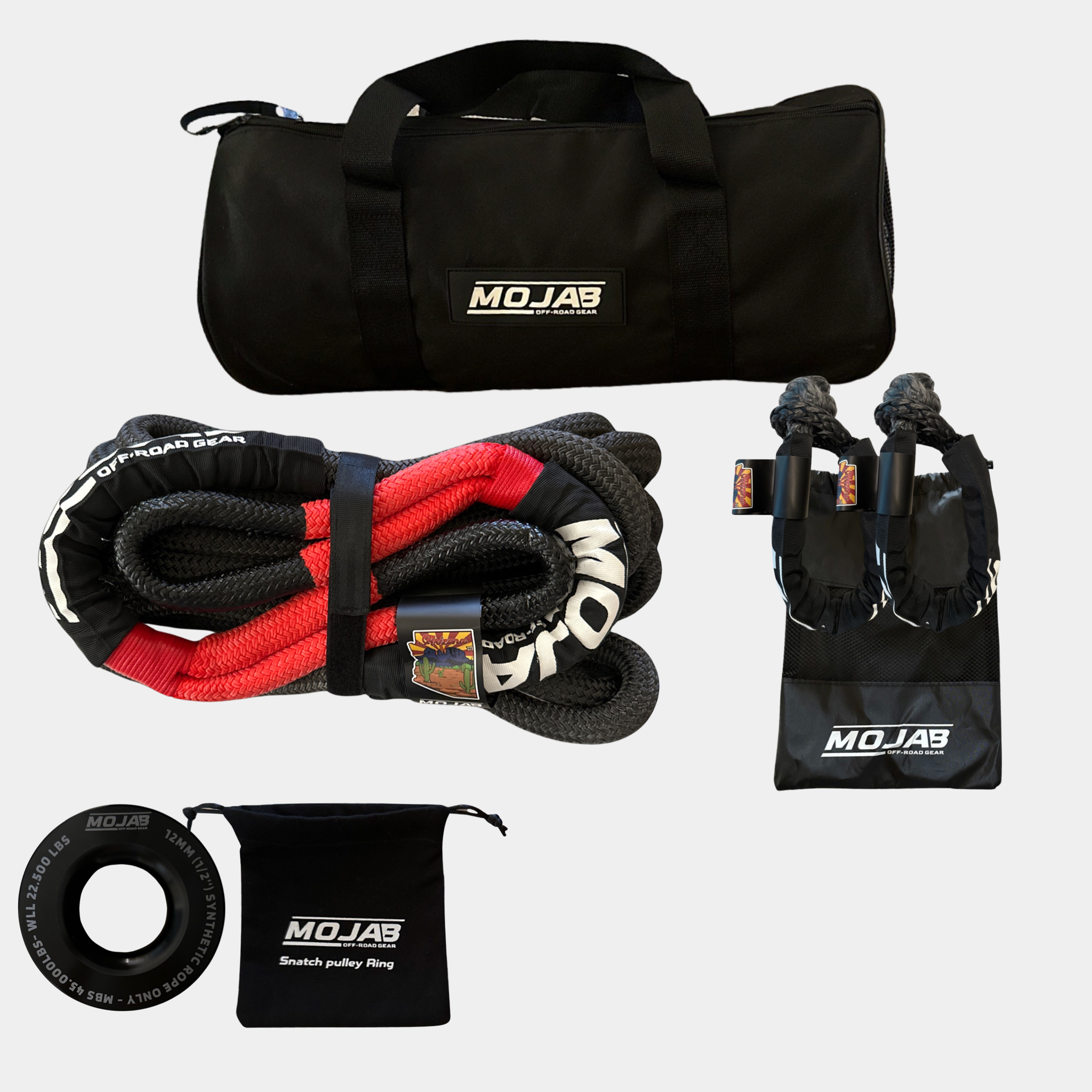 Advanced Recovery Kit with kinetic rope, soft shackles, snatch ring, and storage bags in black with Mojab branding