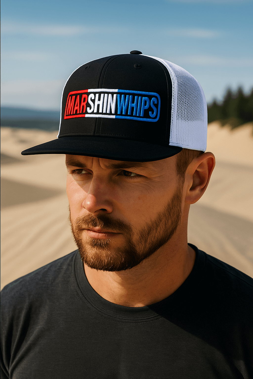 Marshin Whips Snapback Hat – Red/White/Blue Flat Bill Off-Road Hat