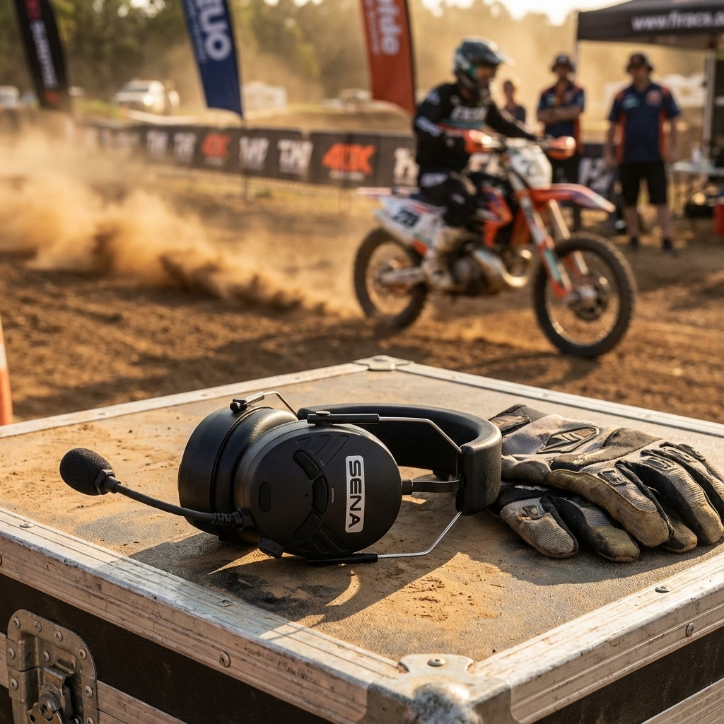 SENA TuffTalk Mesh Headset with boom microphone and gloves on dusty table at motocross event