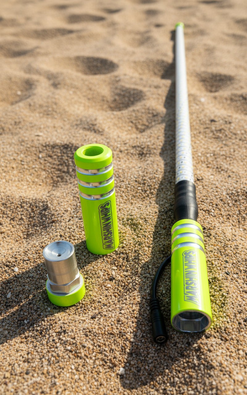 Game Changer Savage Sage Green off-road whip with durable 5/8 internal rod on sandy ground