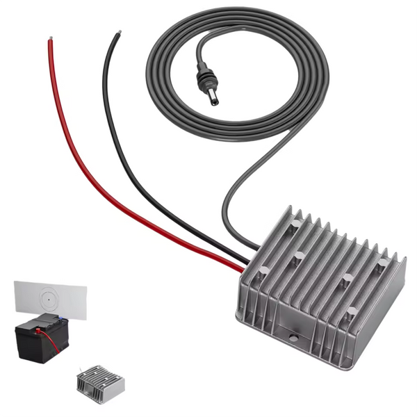 12V/24V DC step-up power supply for Starlink Gen 3 with aluminum heat sink and integrated cables for RV and off-grid use