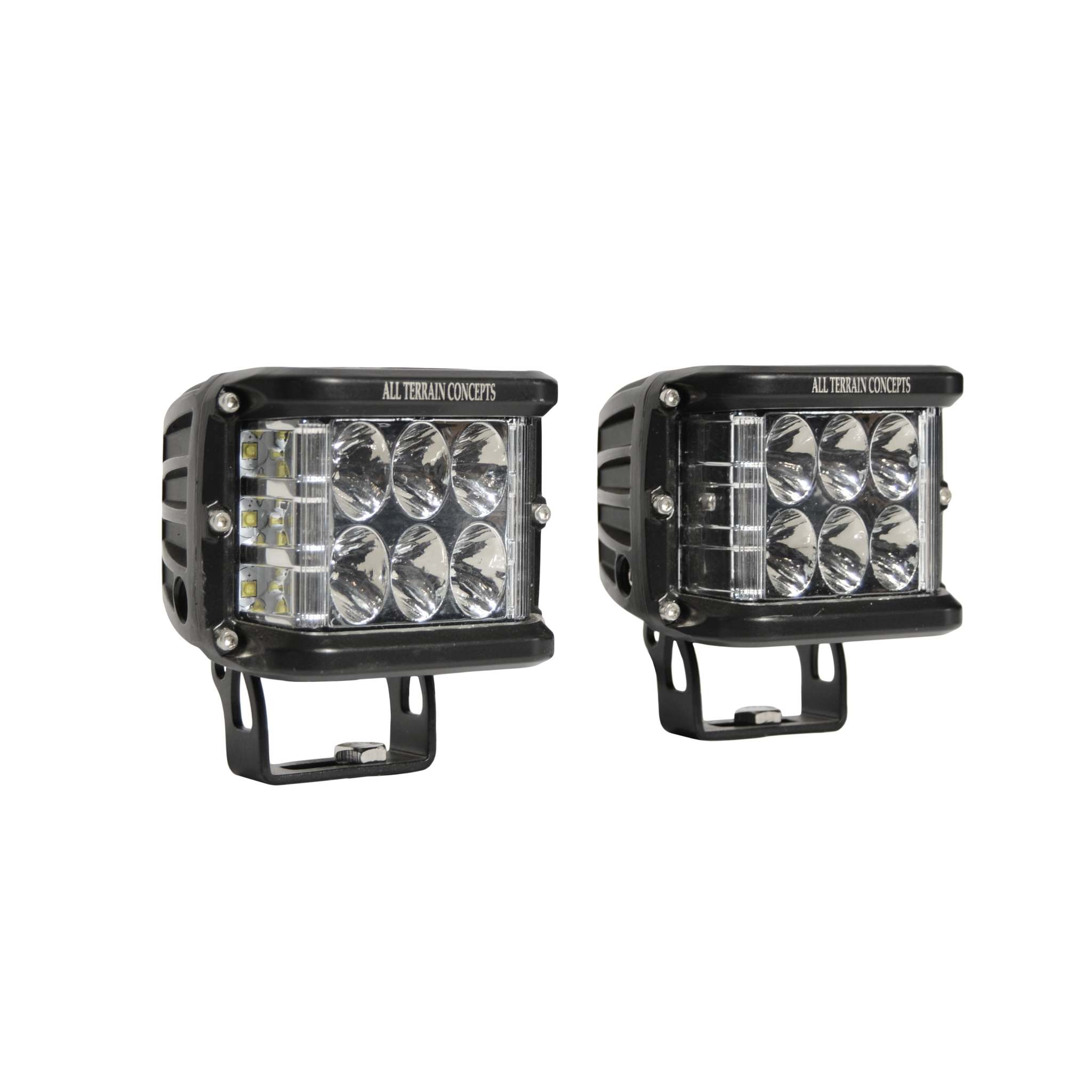 Side Shooter Pods vehicle LED light pods with 6 CREE LEDs, deep dish optics, shatterproof lens, and universal mount.