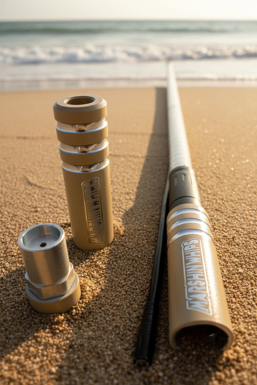 Game Changer Tan Edition off-road whip with magnetic base and LED light on beach sand