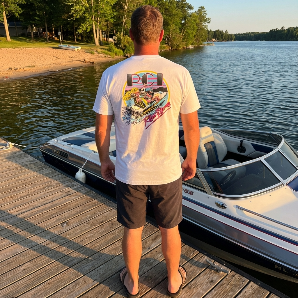 Man wearing white PCI Speedster Shirt standing on dock near boat by lake