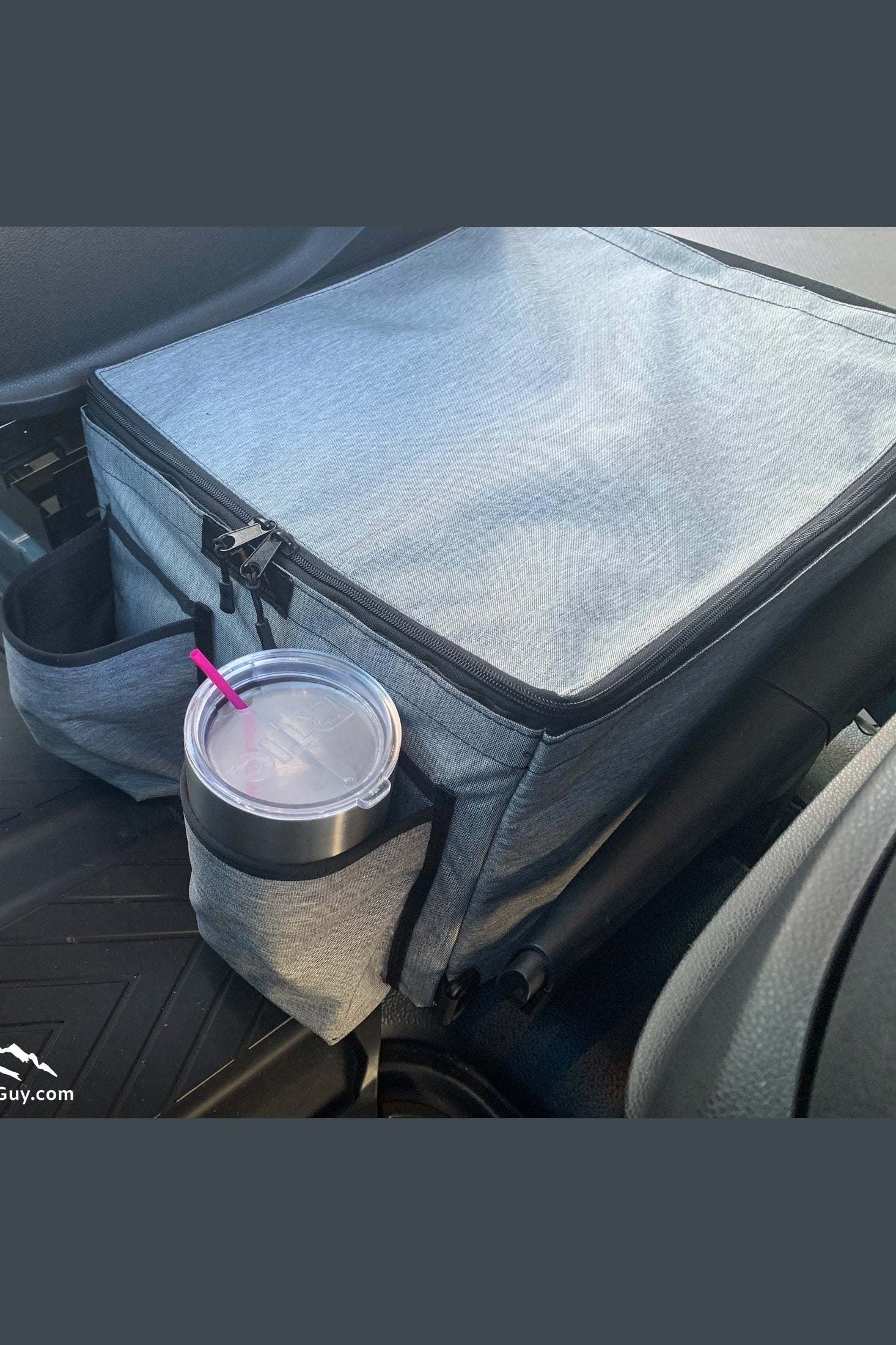 Sprinter Van Center Console Caddy with cup holders and storage compartments in vehicle.
