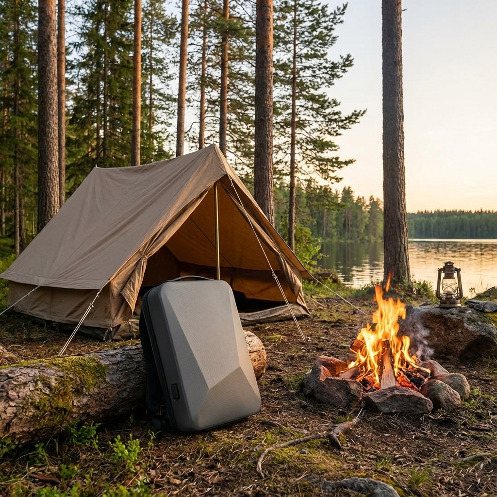 Starlink Mini Backpack with hardshell case and combination lock by camping tent and campfire in forest setting