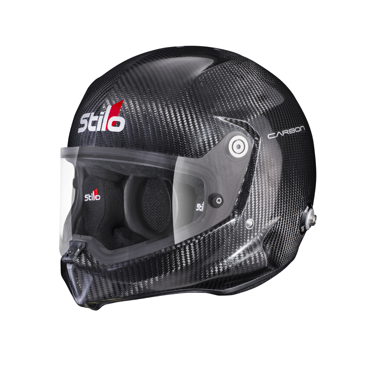 Stilo Venti WRX Dirt carbon fiber racing helmet with wired ear cups and wide visor for off-road motorsport use