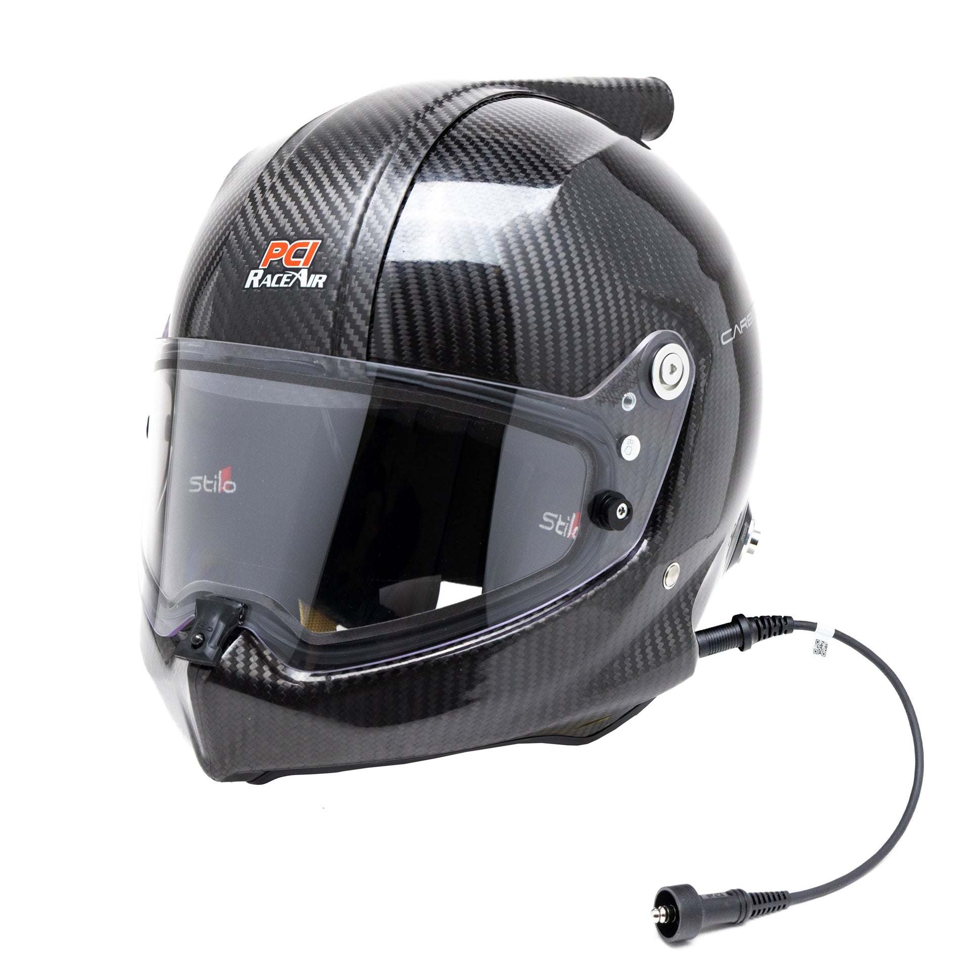 PCI Stilo Venti WRX Dirt SA2025 carbon fiber racing helmet with RaceAir fitting and wired Stilo earcups