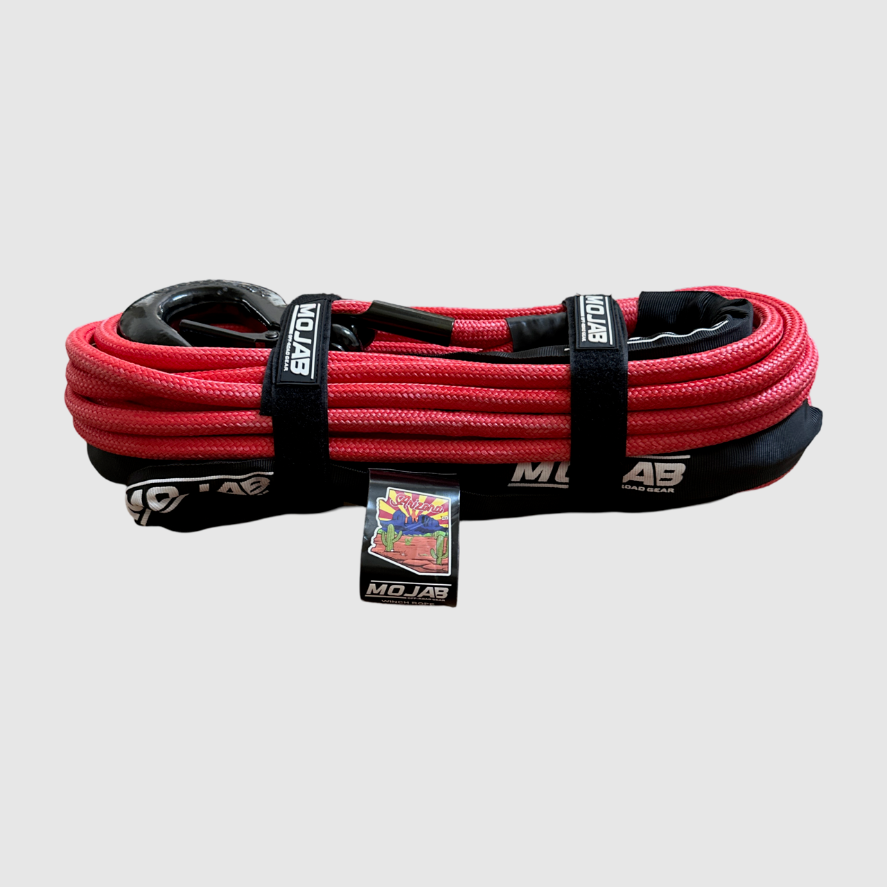 3/8 inch x 85 ft red double braided synthetic winch rope with forged hook and black protection sleeve