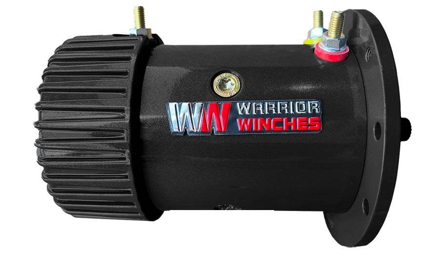 Motor T120S0100 by Warrior Winches with black cylindrical body and electrical terminals
