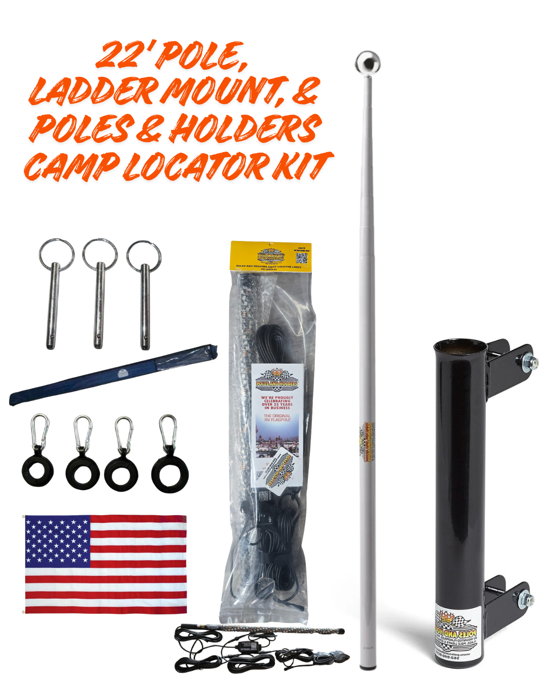 RV Telescopic Flagpole + Ladder Mount + 30" Poles & Holders Locator Kit