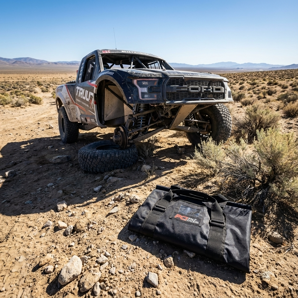 Black tool wrap for easy carrying and quick access, placed on desert ground near off-road racing truck with a flat tire