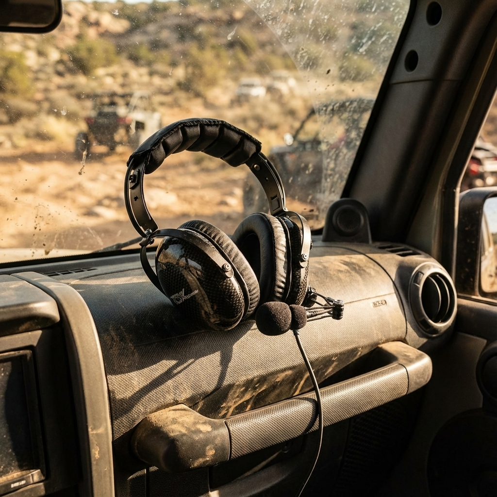 Trax G2 Stereo Headset with volume control and noise-canceling microphone on vehicle dashboard
