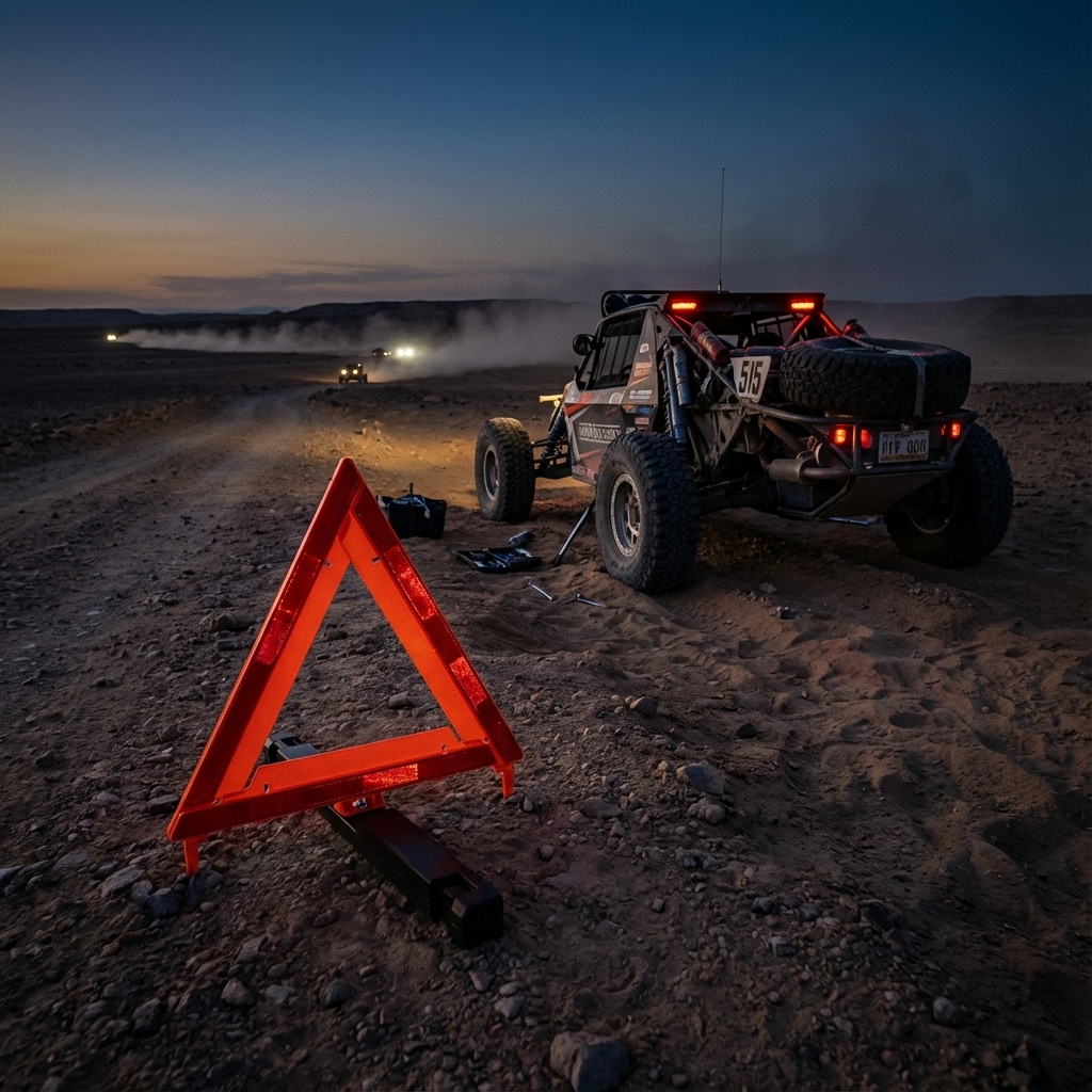 17-inch emergency warning triangle with weighted base and red reflectors on roadside at dusk