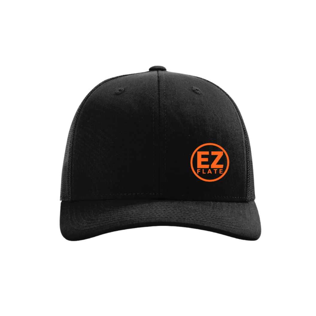 EZ FLATE Trucker Hat with adjustable snapback and mesh panels in classic trucker style