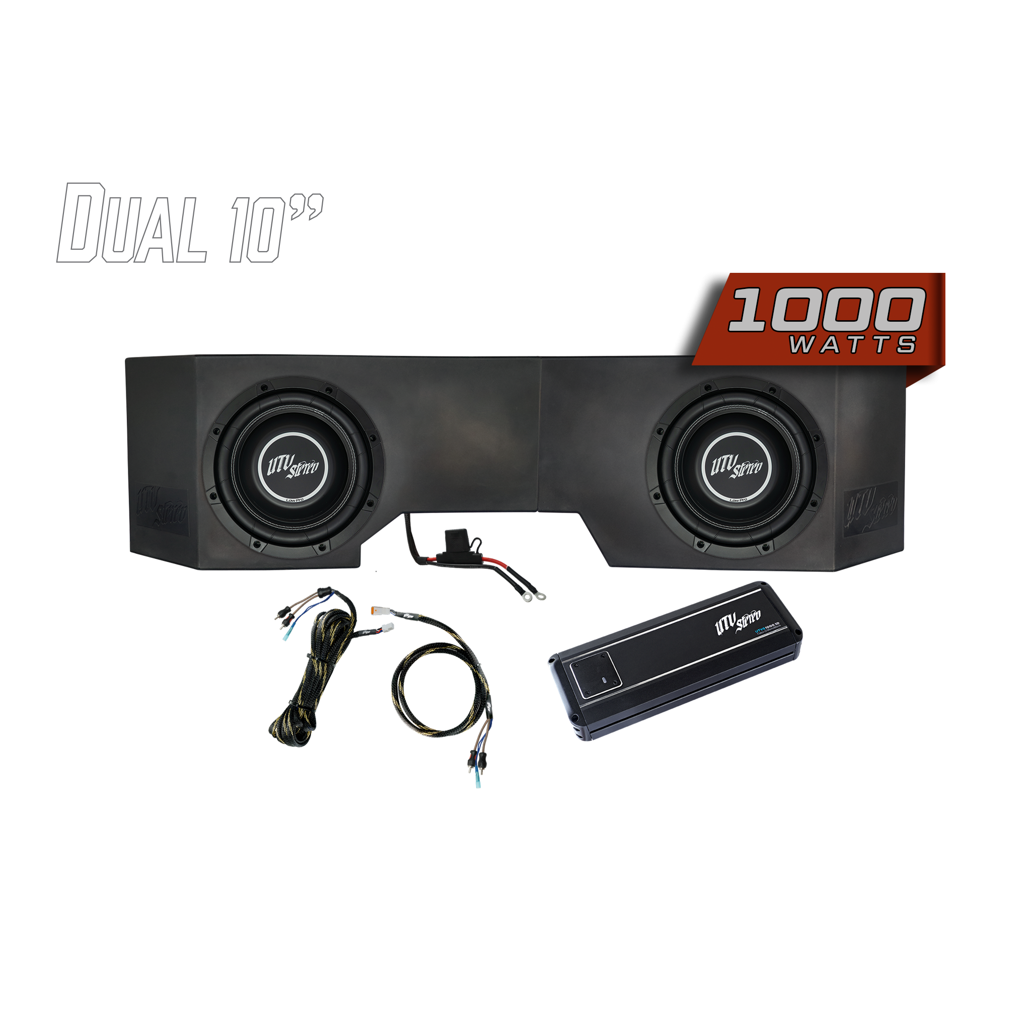 Can-Am Defender 1000W dual 10-inch subwoofer kit with amplifier and wiring harnesses for UTV audio upgrade