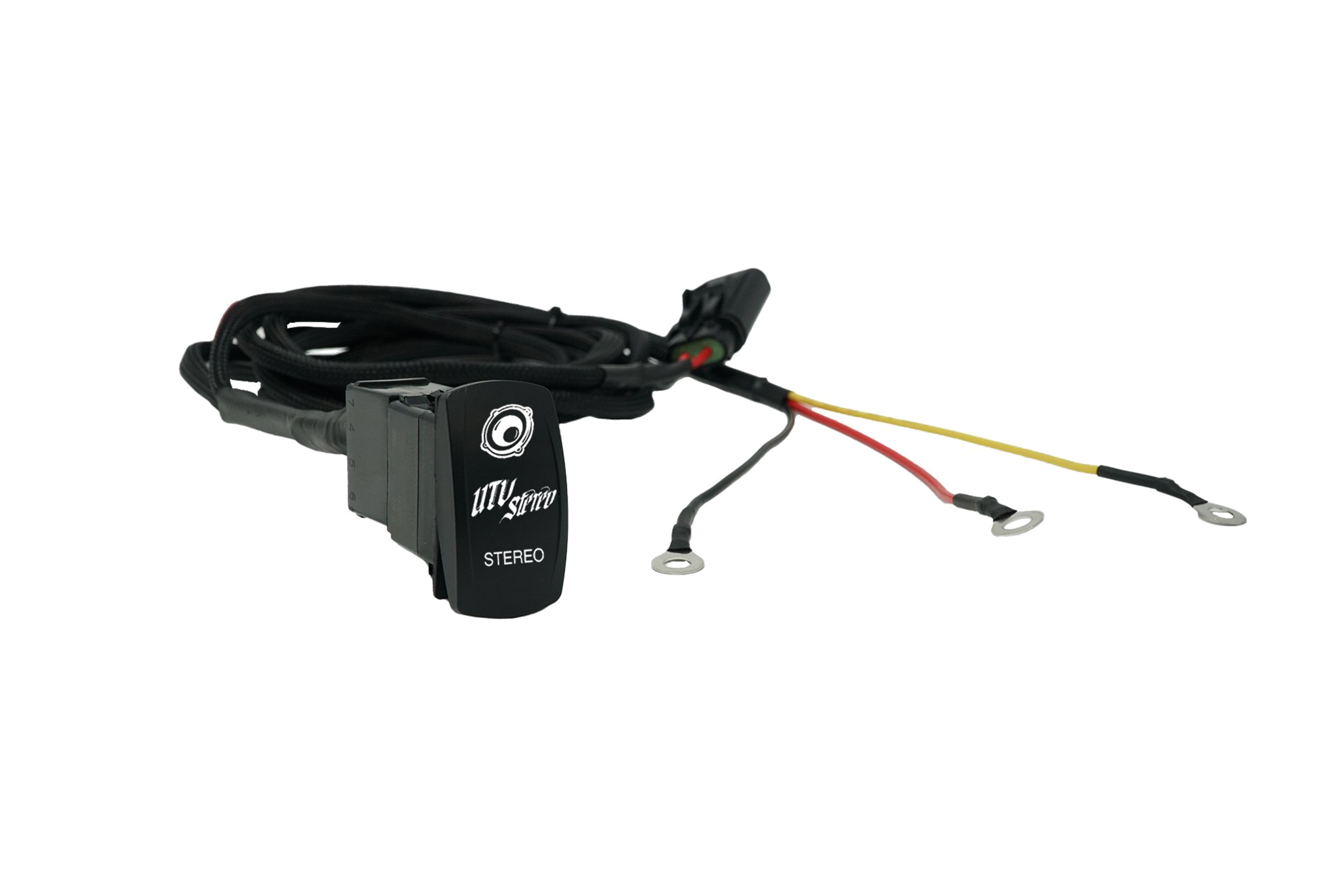 Low current harness with dual blue LED Carling rocker stereo switch for UTV audio systems.