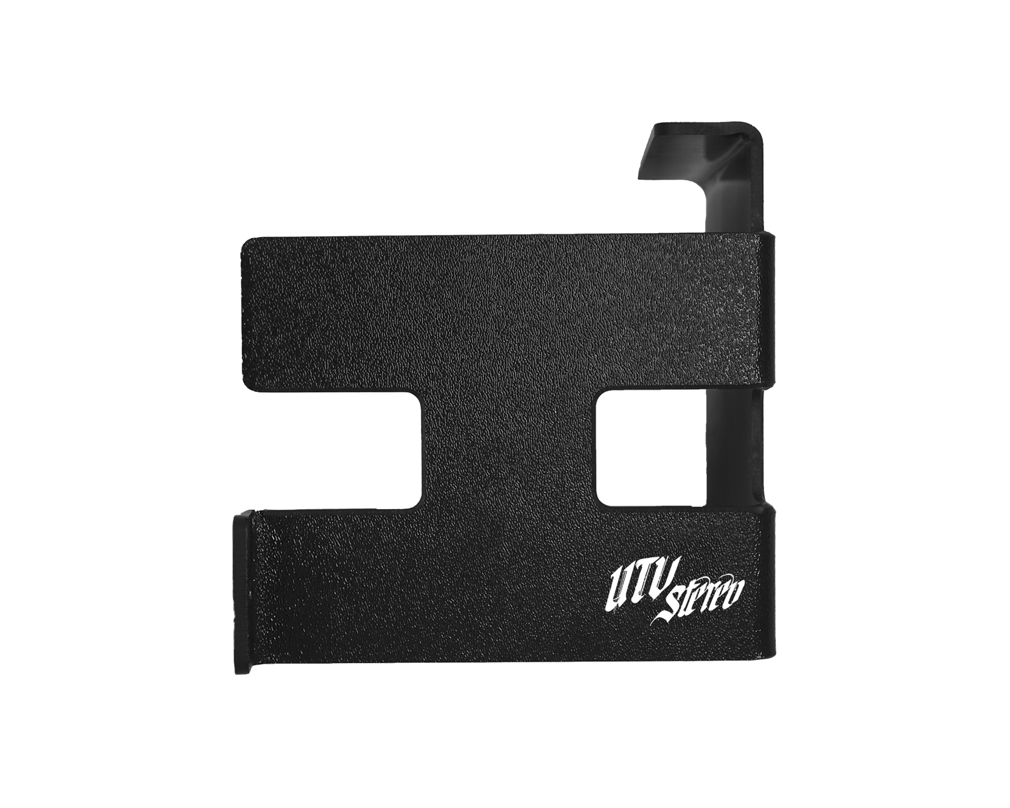 Can-Am X3 Dual Battery Mount black metal bracket with UTV Stereo logo for secure dual battery installation in UTVs