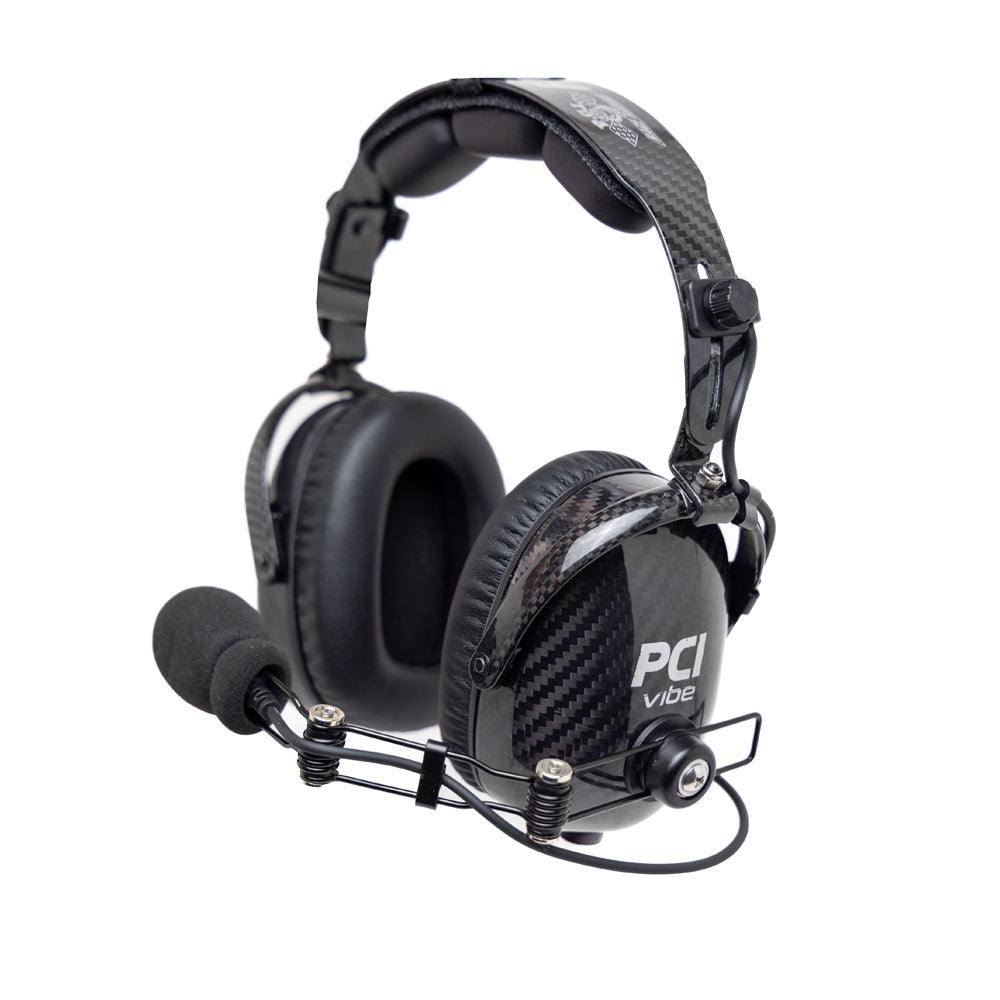 PCI TRAX Vibe Headset with carbon fiber design, adjustable bass boost, noise-canceling mic, and carrying case