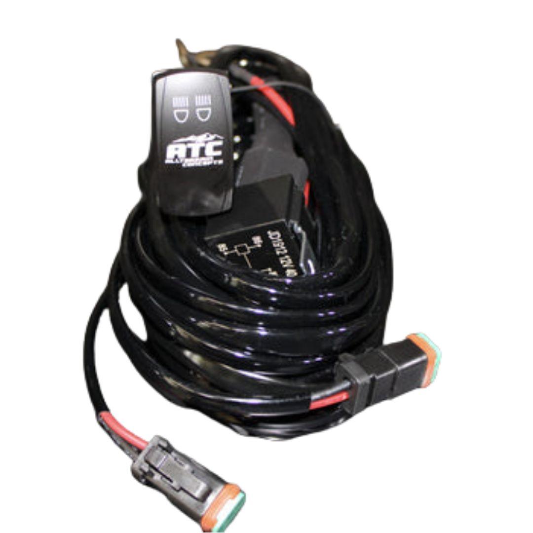 Dual Spotlight Wiring Harness with 3m cable, inline fuse, relay, waterproof DT connectors, and rocker switch
