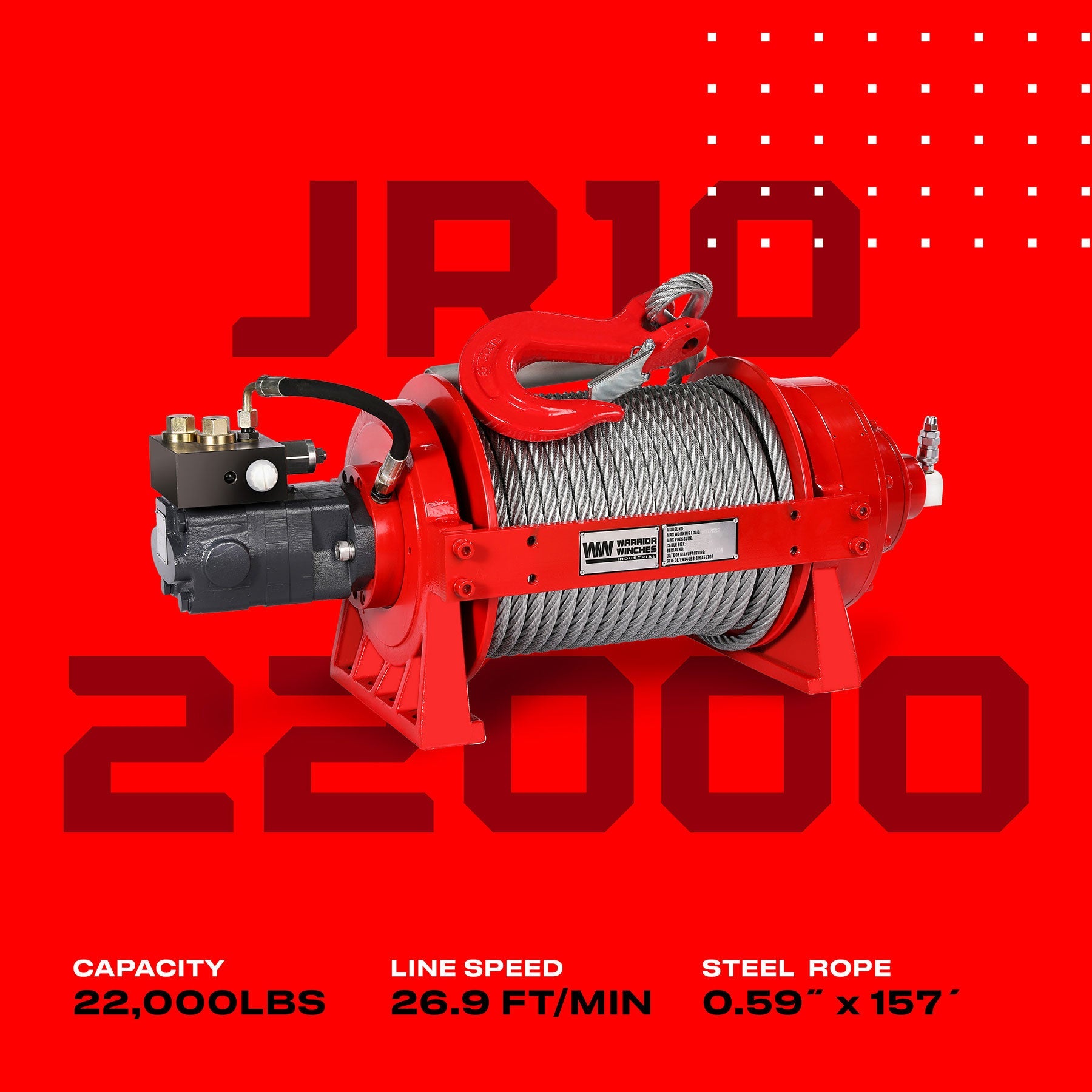 JR10 22,000lb (10 Ton) Industrial Hydraulic Winch - Steel Rope