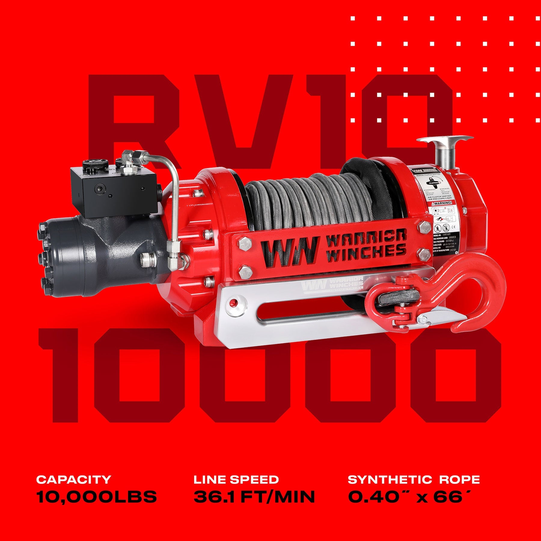 RV10 10,000lb (4.5 Ton) Industrial Hydraulic Winch - Synthetic Rope