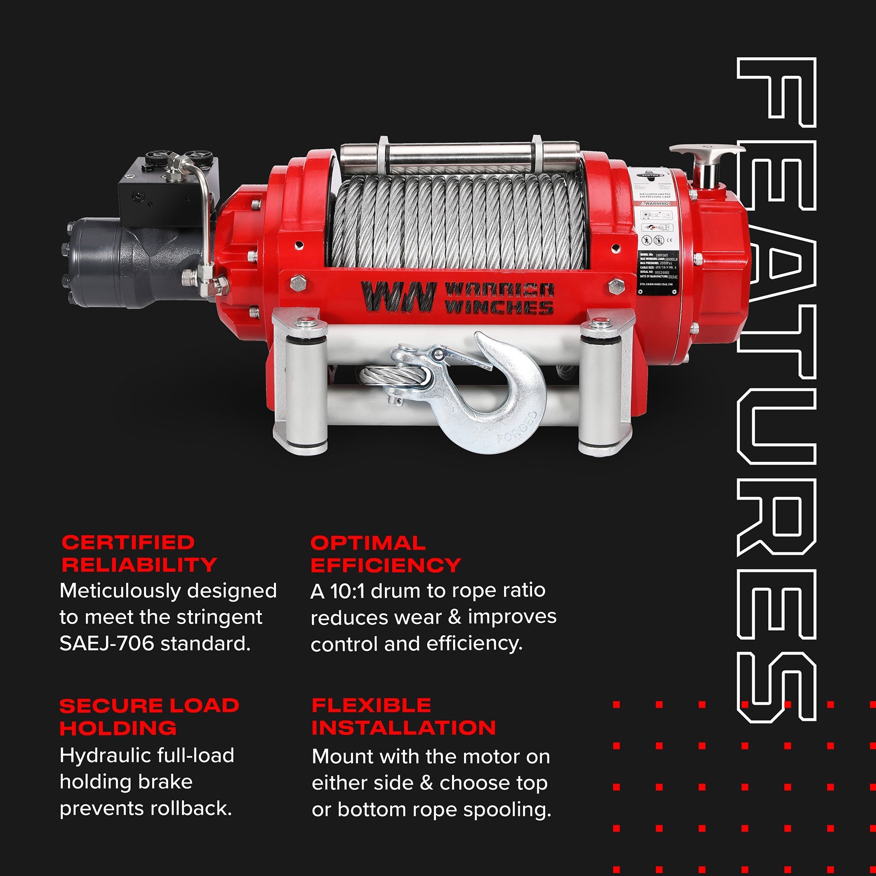 RV18 18,000lb (8.1 Ton) Industrial Hydraulic Winch - Steel Rope
