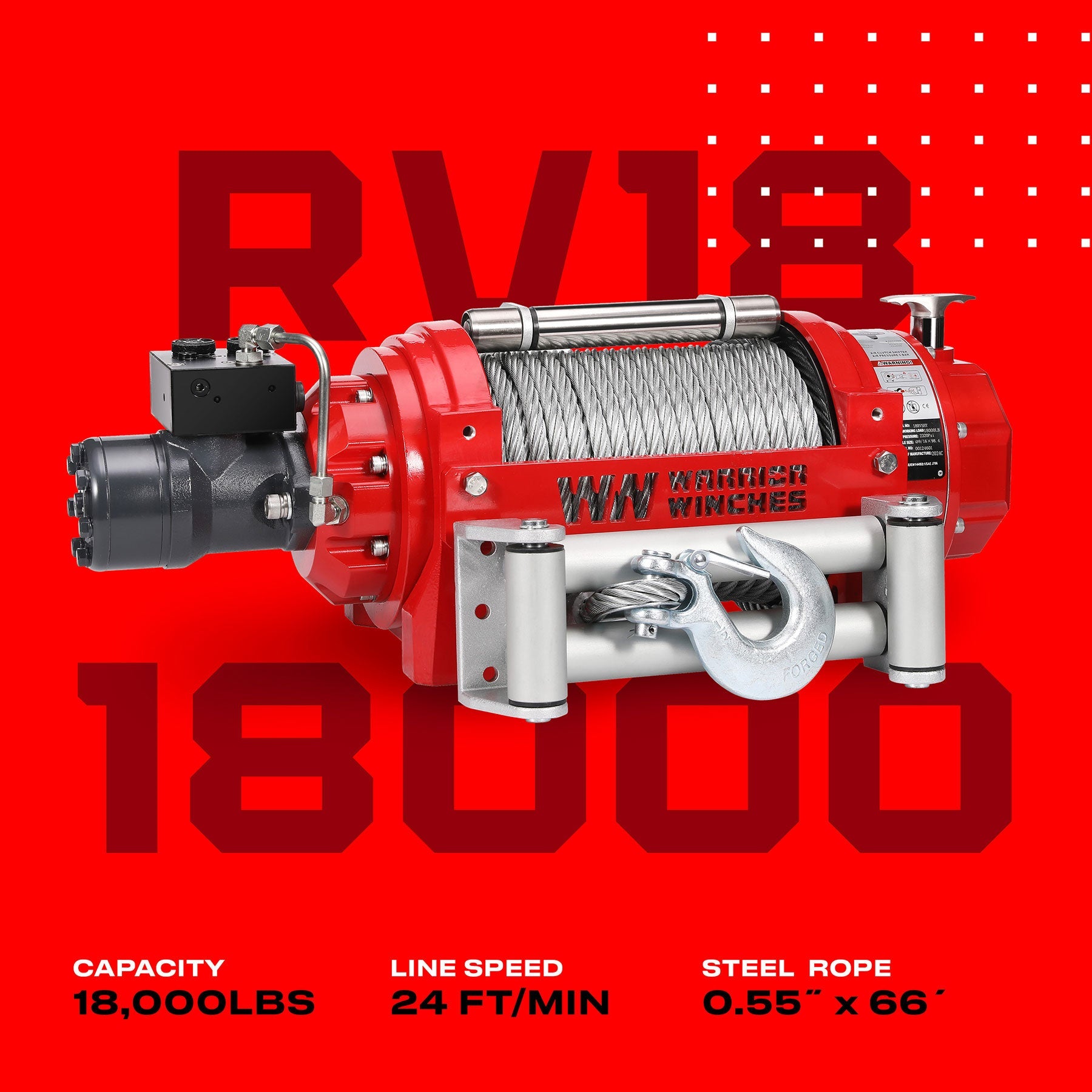 RV18 18,000lb (8.1 Ton) Industrial Hydraulic Winch - Steel Rope