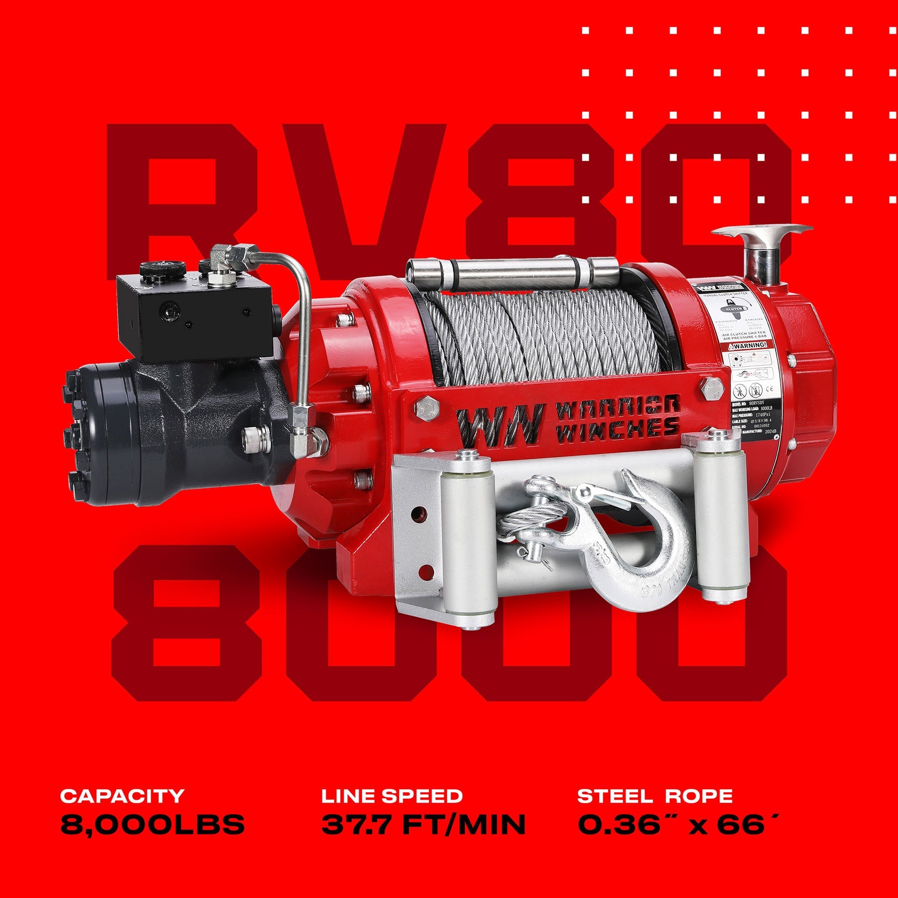 RV8 8,000lb (3.6 Ton) Hydraulic Short Drum Winch - Steel Rope