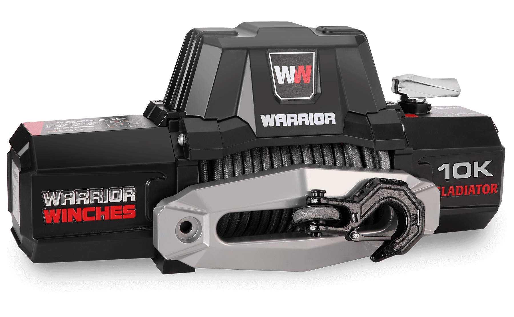 Gladiator F-Type 10,000lb 12v electric winch with synthetic rope by Warrior, durable off-road recovery tool with wired/wireless remote and thermal protection
