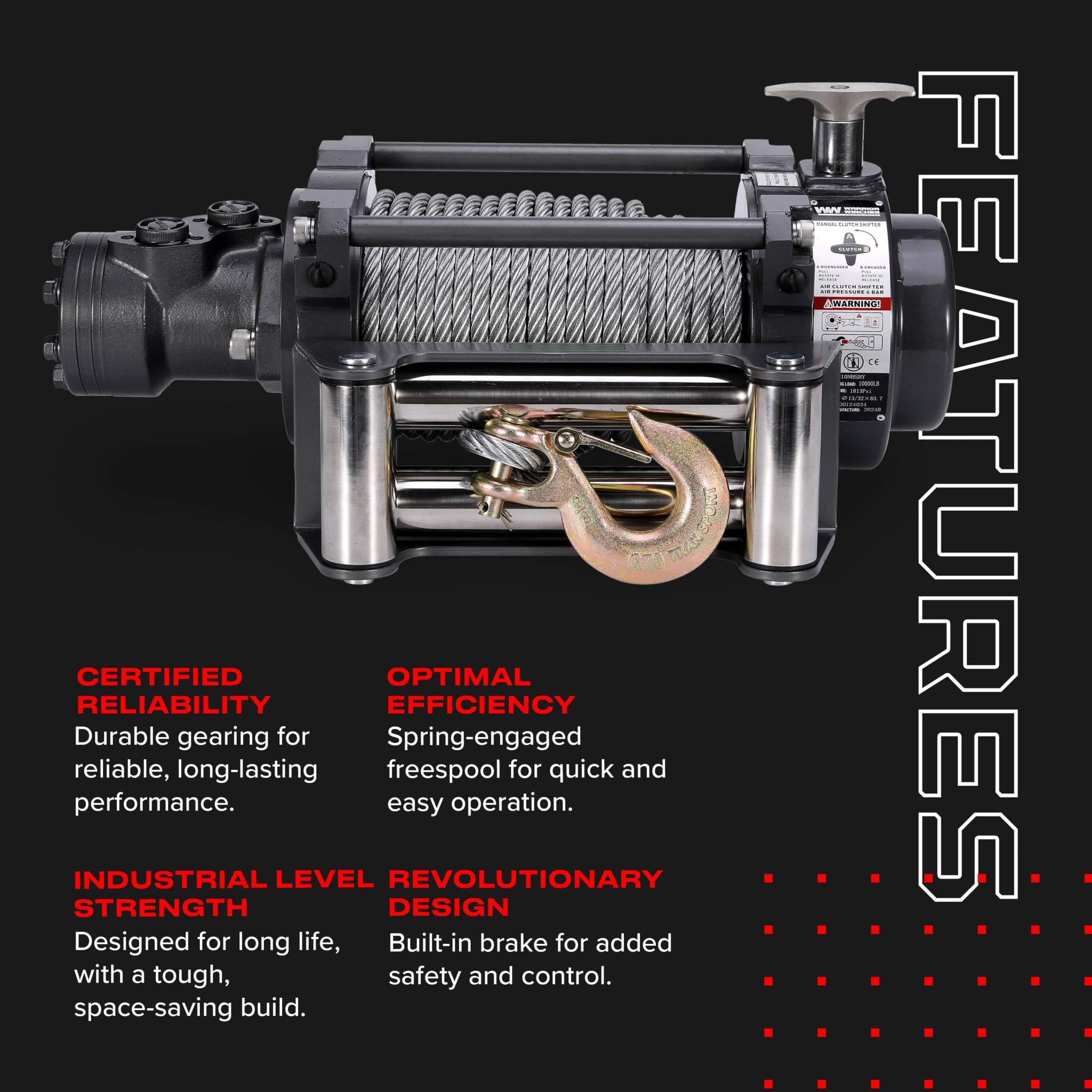 NH 10,000 LB Industrial Hydraulic Winch - Steel Rope | Compact