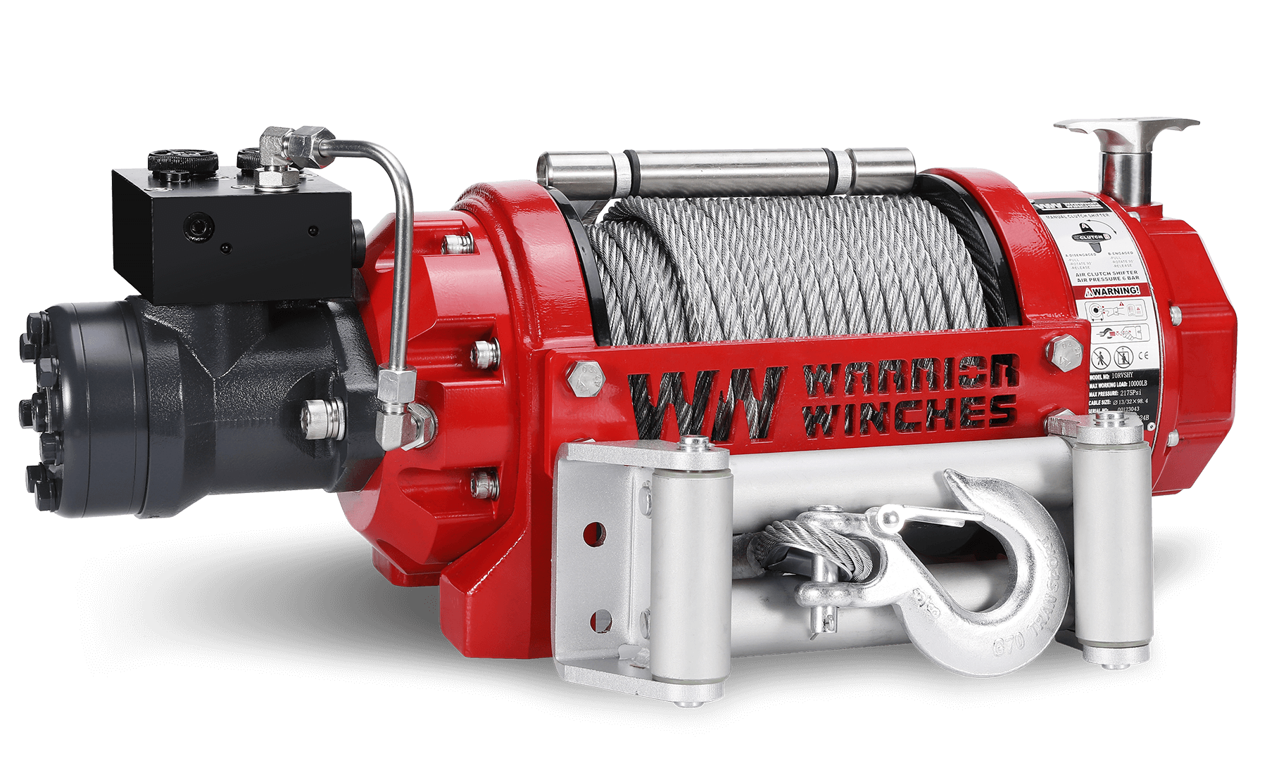 RV10 10,000lb hydraulic industrial winch with steel rope and robust drum-to-rope ratio.