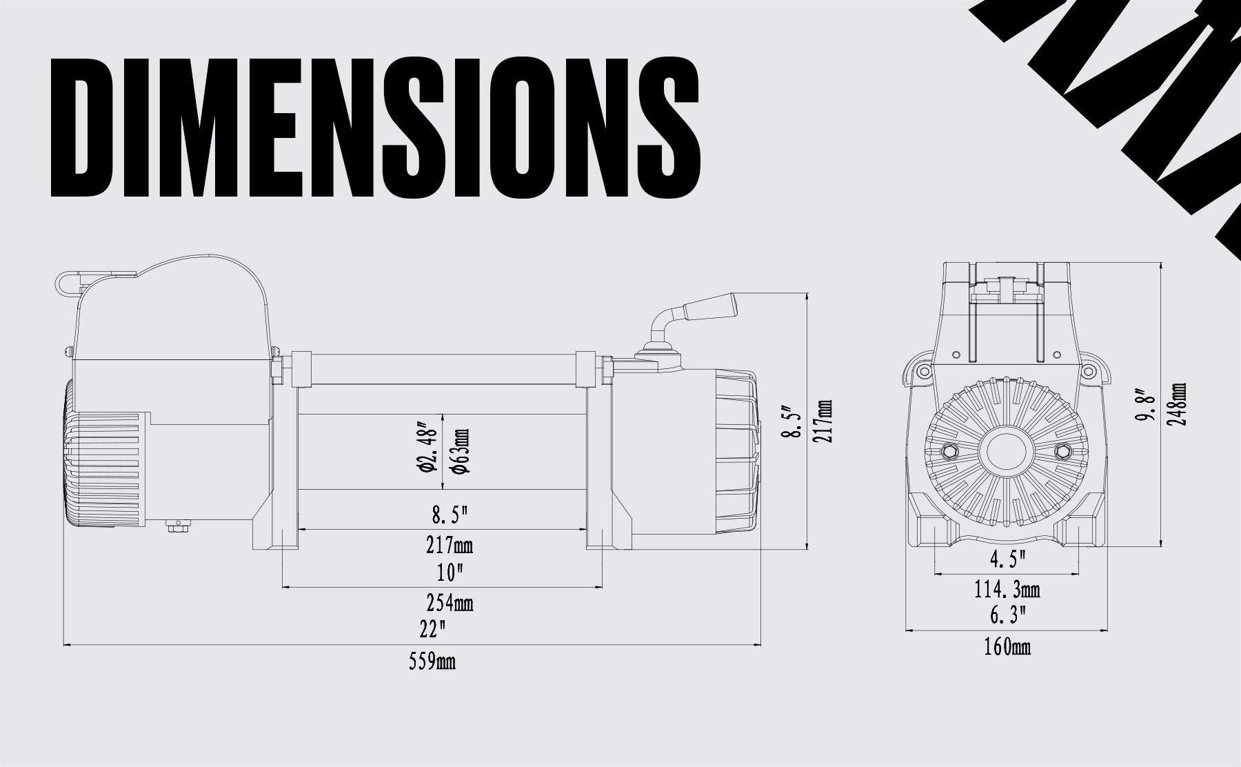 Samurai 12,500lb 12v electric winch steel rope dimension diagram showing length and height measurements
