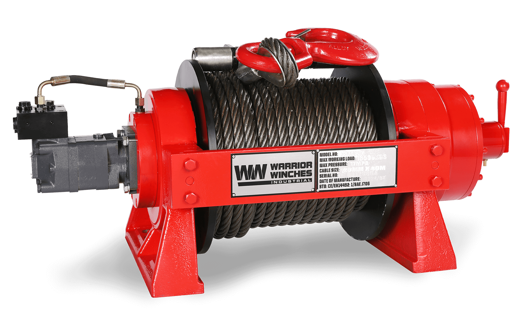 JR13 29,700lb industrial hydraulic winch with steel rope and red frame